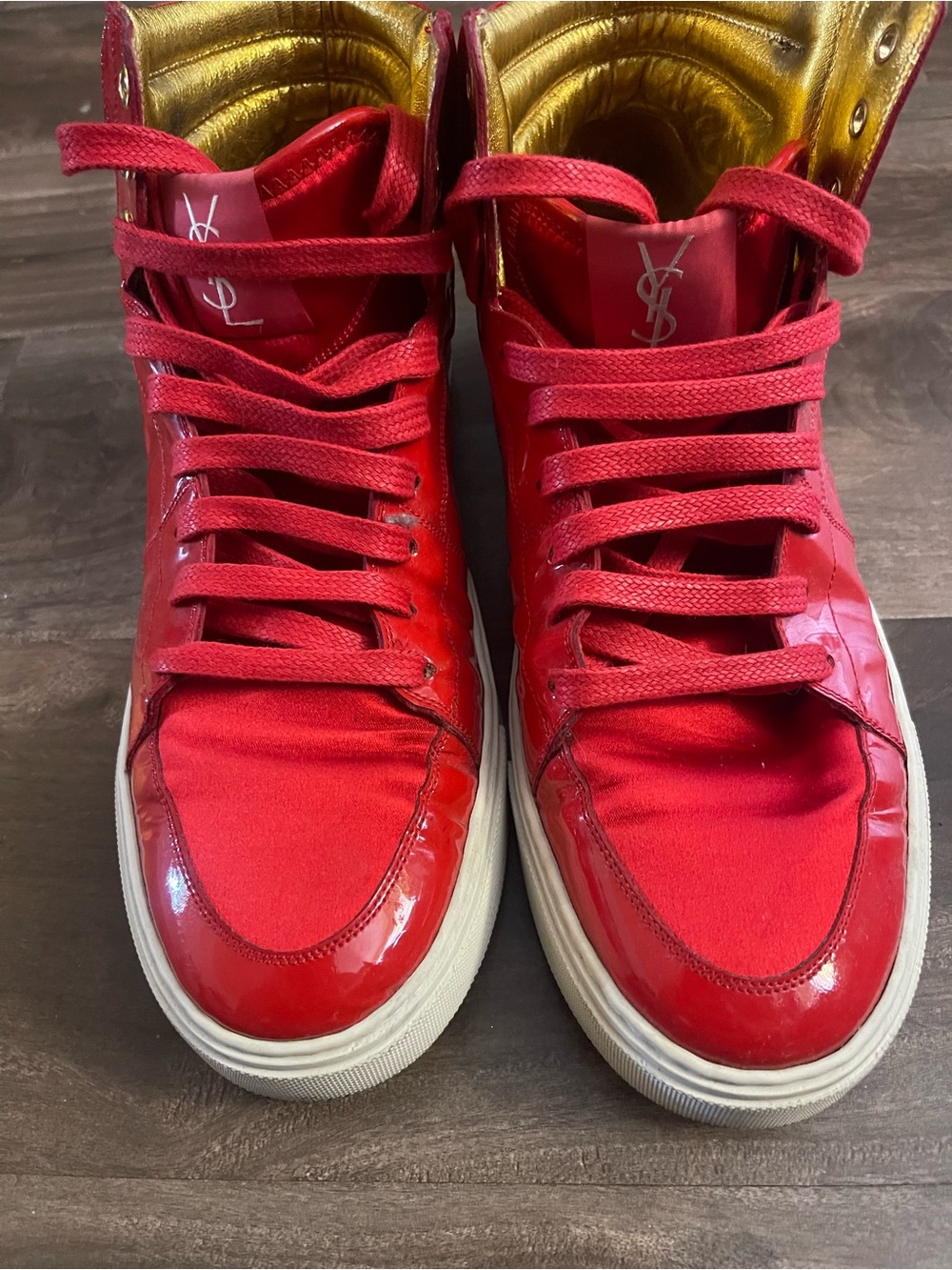 Saint Laurent Red High-Top Sneakers with Gold Lining
